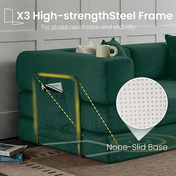 Belhome 78.8 Convertible Sofa Bed Futon Sofa Bed with Side Pocket Corduroy Pull Out Futon Sofa Boneless Couch for Living RoomsNo Assembly Required Jade Green