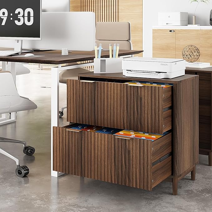 VINGLI 2 Drawer File Cabinet Home Office Filing Organizer for Letter Legal A4 Size File Folder Storage Modern Style Fluted Design Wood Lateral Filing Cabinet Printer Stand Dark Walnut