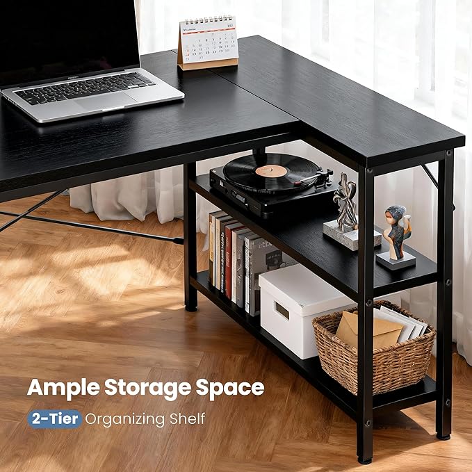 DUMOS L Shaped Desk 47 Inch Computer Desk Gaming Furniture Corner Desks Home Office PC Table with Reversible Storage Shelves for Writing Working Study Bedroom Dorm Black