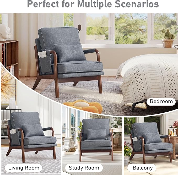ANJ Mid Century Modern Accent Chair Lounge Reading Armchair with Extra Side Pocket &amp Detachable Cushion Comfy Fabric Accent Chairs for Living Room BedroomGrey