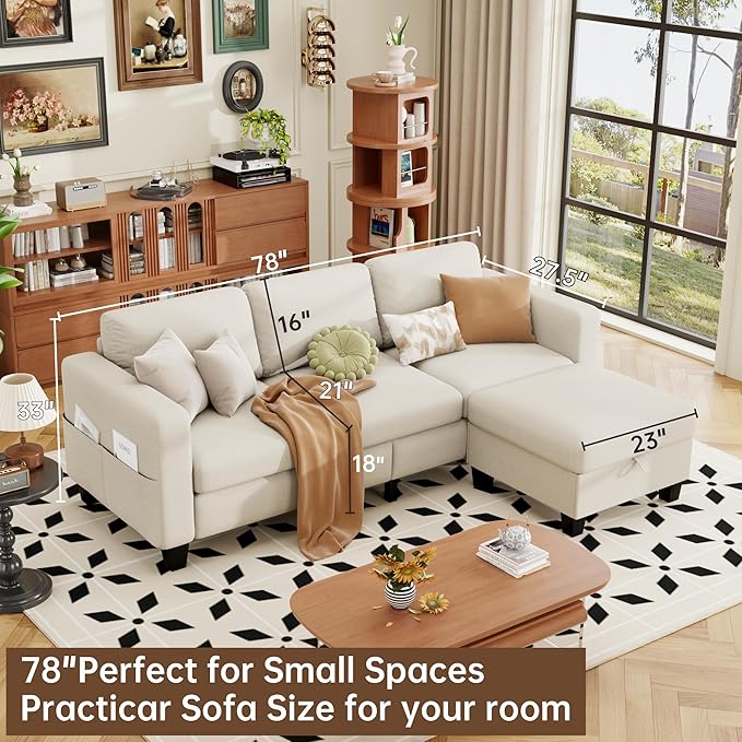 ZeeFu Sectional Sofa Couch with Storage Ottoman 78 L Shaped Modular 3 Seater Couches for Living Room Modern Linen Fabric Set for Small Space Apartment Office