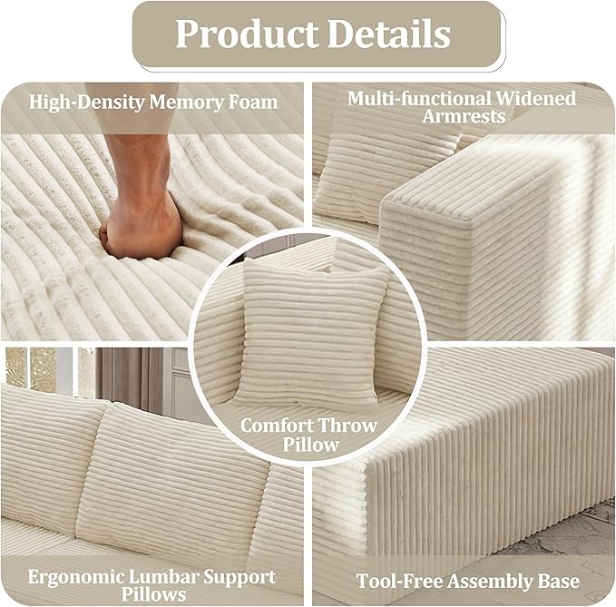 108'' U-Shaped Cloud Modular Sectional Sofa Modern High Back Corduroy Couch with Right Facing Chaise Lounge &amp Ottoman Upholstered Boneless Deep Seat Plush Sofa No Assembly Needed for Home Bei