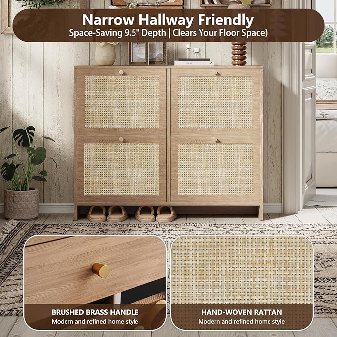 Nicetree Shoe Cabinet Storage for Entryway 4-Flip Drawer Narrow Shoe Rack Organic Modern Rattan Shoe Organizer with Gold Legs Shoe Organizer Fits Men's Size 13.5 Sun-Drenched Amber Oak