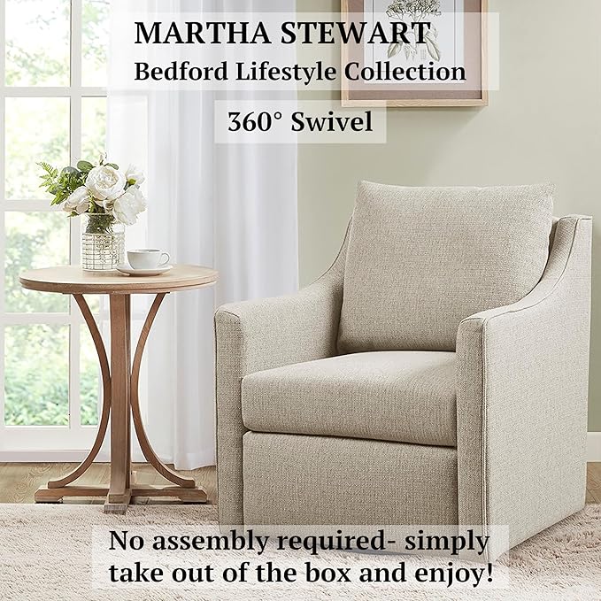 Martha Stewart Amber Swivel Chair for Living Room Barrel Style Bedroom Lounge Removable Foam Seat Cushion Upholstered Nursery Furniture Metal Base Fully Assembled 30.5 D x 30 W x 35 H Natural