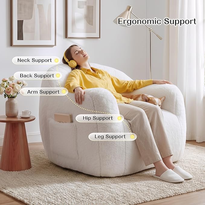 Giant Bean Bag Chair for Adults Shell-Shaped Oversized Bean Bag Couch with Armrests &amp Side Pockets Stuffed Floor Sofa for Reading Playing &amp Relaxing Beige