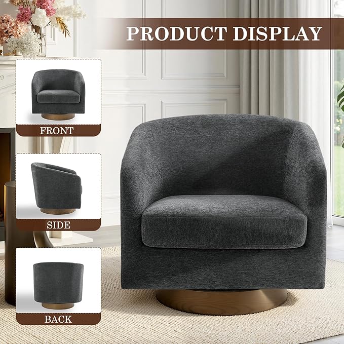 UIXE Swivel Accent Chairs Set of 2 Chenille Upholstered Barrel Chair for Living Room Comfy Round Armchair Single Sofa Bedroom Reading Seat - Gray