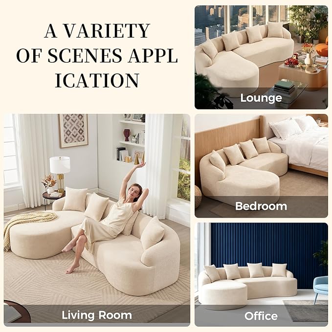 98.8 Curved Sectional Sofa with ChaiseL-Shape Sofa Lounge ChaiseBoneless Couch L Shape for Living RoomWood Grain Chenille FabricNo Installation Requirement