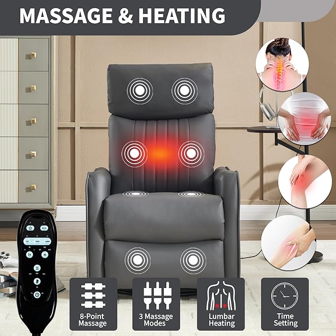 PELUMY 360 Swivel Rocking Recliner Chair for Adults Nursery Rocking Chair with Heat and Massage Glider Reclining Chair for Small Space Living Room Bedroom (Breathable Leather Grey)