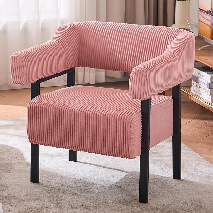 Mistpeople Corduroy Barrel Accent Chair Modern Upholstered Armchair with Metal Legs Cozy Corner Chair for Living Room Bedroom Vanity Office Reading Nook Pink Blackleg