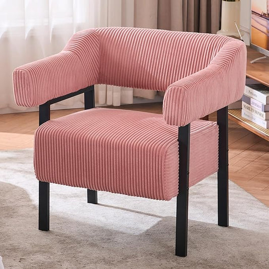 Mistpeople Corduroy Barrel Accent Chair Modern Upholstered Armchair with Metal Legs Cozy Corner Chair for Living Room Bedroom Vanity Office Reading Nook Pink Blackleg