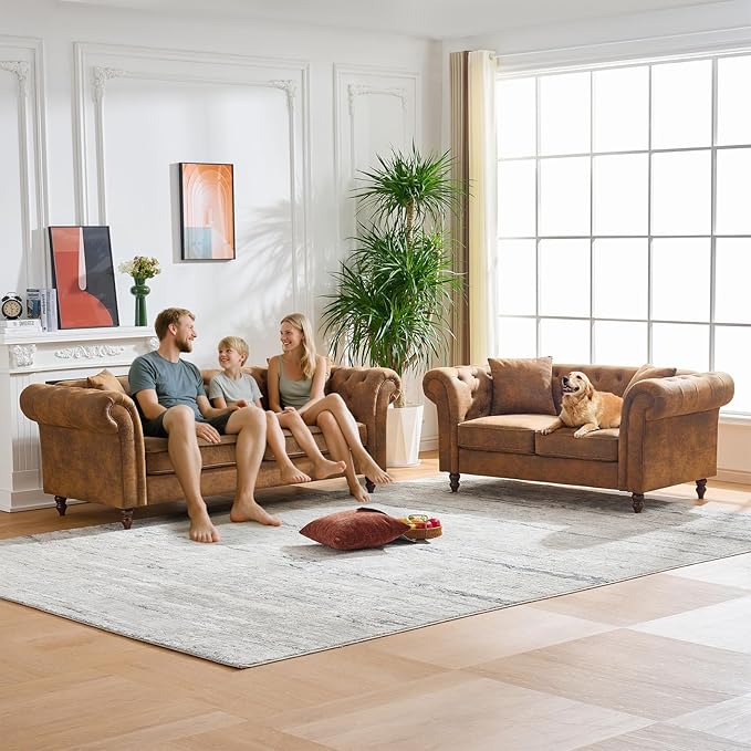 Mid Century Modern Faux Leather Couch Set of 2 Tufted Couch and Loveseat Set muebles para la sala Comfy Chesterfield Upholstered Office Furniture Living Room Sofa Set 2 Piece (Brown 2+3 Seater)