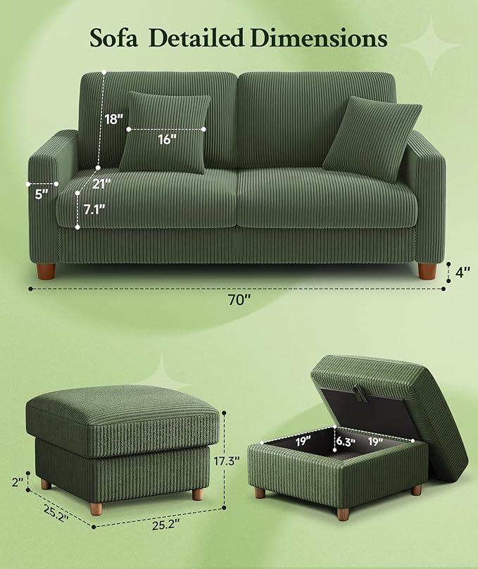 70.2 Couches for living room Comfy U Shaped Couch Green 7.1 Thicker Cushion Sofas for Living Room Tool-Free Setup Loveseat with Ottoman 7058lbs Support Corduroy Couch for Bedroom Office