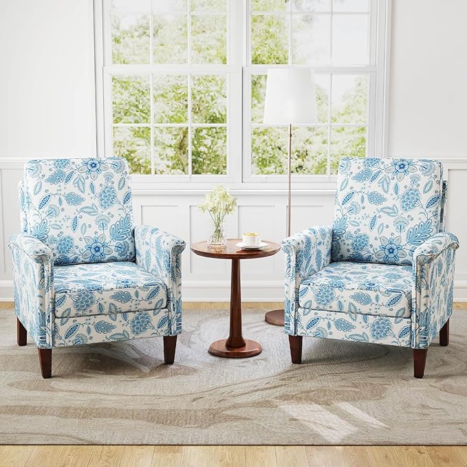 GOFLAME Floral Accent Chairs Set of 2 Comfy Upholstered Armchairs with Rubber Wood Legs and Thick Padded Cushion High Back Single Sofa Chairs Reading Side Chairs for Living Room Bedroom Blue