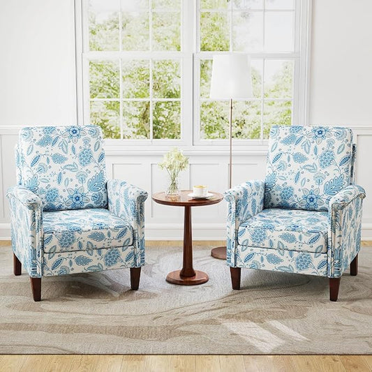 GOFLAME Floral Accent Chairs Set of 2 Comfy Upholstered Armchairs with Rubber Wood Legs and Thick Padded Cushion High Back Single Sofa Chairs Reading Side Chairs for Living Room Bedroom Blue