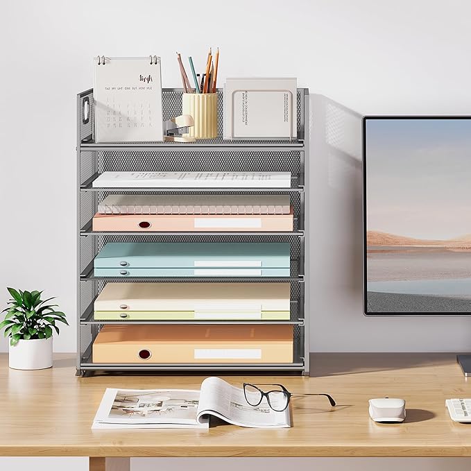 Subekyu 6-Tier Desk Paper Organizer Desktop File Letter Tray with Handle Document Sorter and Accessories Holder for Office Home and School Workspace Organizers Silver - 2 Pack