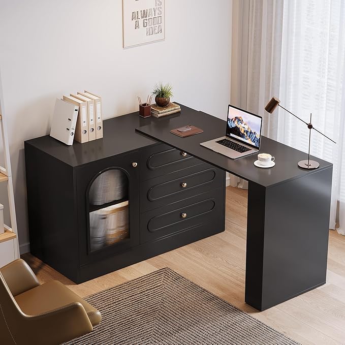 Tribesigns L Shaped Desk with 3 Drawers Reversible Corner Desk with Storage 360° Rotatable Study Table with Adjustable Shelves for Home Office Writing Table Workstation for Bedroom (Black)