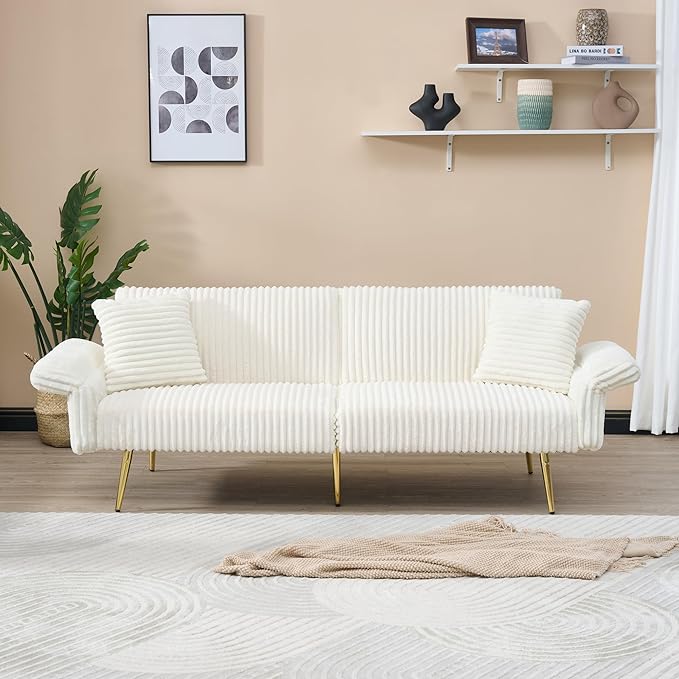 White 79 Convertible Futon Sofa Bed with Adjustable Backrest &amp Armrests Modern Corduroy Folding Loveseat Sleeper Couches with Two Soft Pillows for Living Room Apartment Office (White)
