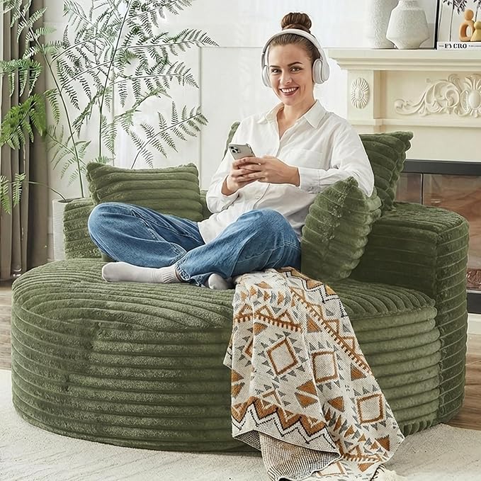55 L Corduroy Sponge Single Sofa Oversized Round Chair Fluffy Modern Sleeper Chairs for Living Room Lounge and Projection Room Wide Armrest Lounge Chairs Armchair with Pillow Green
