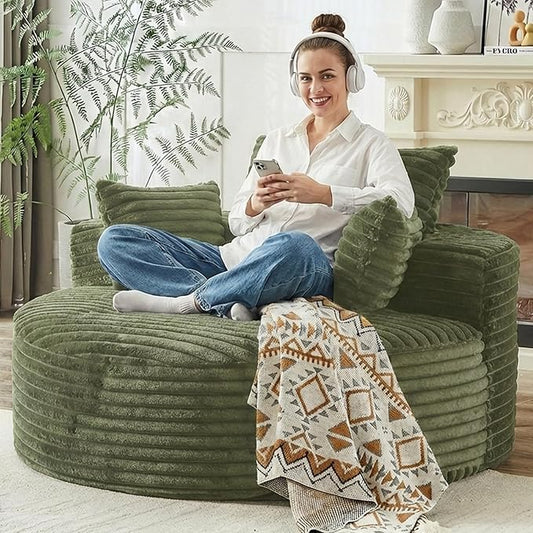 55 L Corduroy Sponge Single Sofa Oversized Round Chair Fluffy Modern Sleeper Chairs for Living Room Lounge and Projection Room Wide Armrest Lounge Chairs Armchair with Pillow Green
