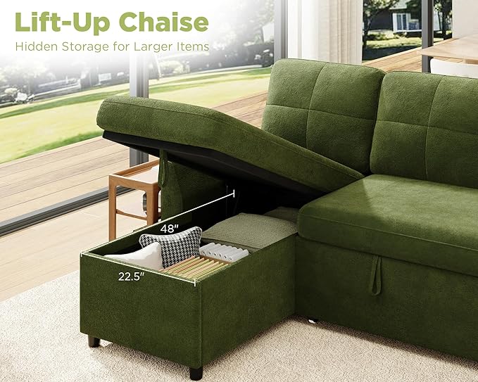 VanAcc Sleeper Sofa Sofa Bed with Storage Chaise Convertible Sofa Bed with Pull Out Couch l Shaped Couch for Living Room Linen Green