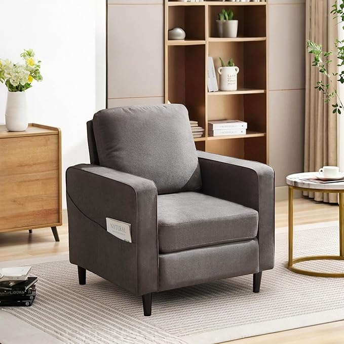 Mid Century Accent ChairModern Linen Fabric Armchair for Living RoomDouble Side Pockets Comfortable and Padded Reading Feature Sofa Chair Suitable for bedrooms Living Rooms and Offices(1 Pcs