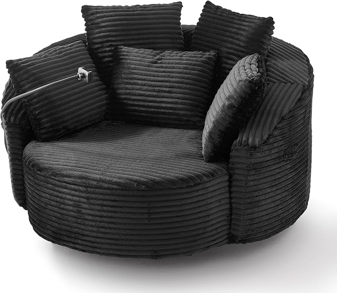360° Swivel Accent Chair with 5 Throw Pillows Adjustable Phone Holder Corduroy Fabric Round Sofa Chair Barrel Chair with Semi-Wraparound Design for Living Room Office and Hotel (Black1)