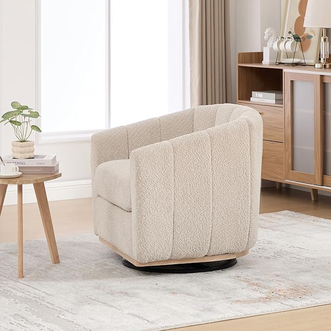 Swivel Accent ChairModern Barrel Chair with 360° RotationChenille Fabric UpholsteryFoam Cushion &amp Pocket Spring SeatSturdy Round BaseCozy Pumpkin Armchair for Living Room Bedroom OfficeWheat