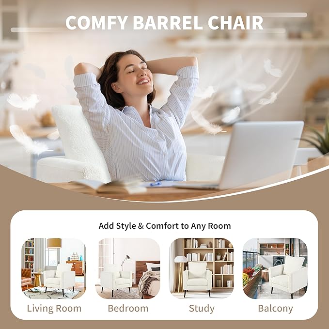 Comfy Accent Chair for Living Room Modern Fabric Upholstered Armchair with Solid Wood Legs Supportive Back Cushions and Easy Assembly White