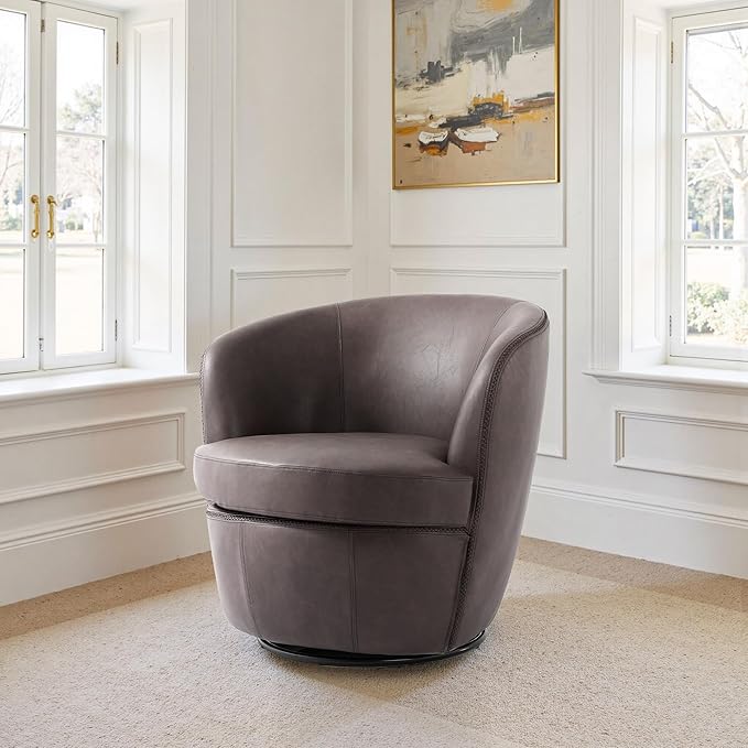 Swivel Barrel Chair Modern Round PU Leather Accent Armchair for Living Room Bedroom Comfy Club Reading Chairs for Adults (Leather Chocolate Set of 2)