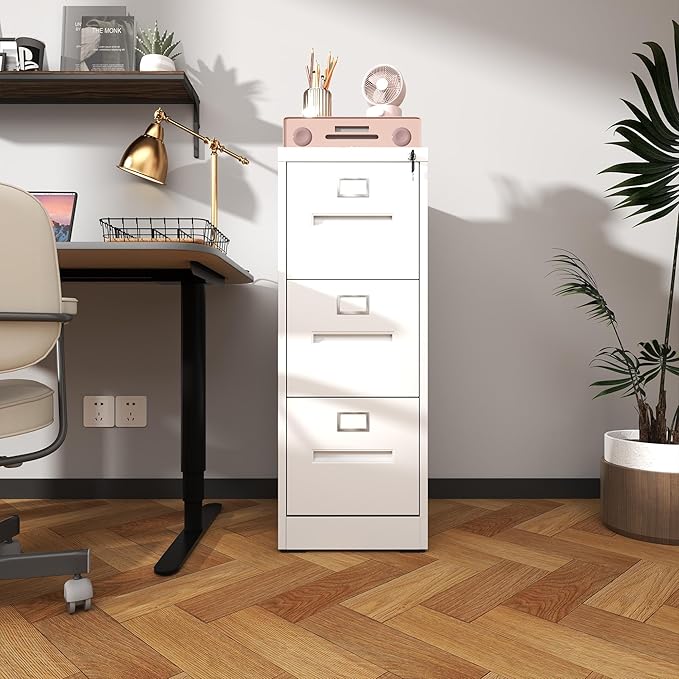 3 Drawer File Cabinet with LockSmall Vertical Filing Cabinets Under Desk Storage Organizer for HomeOffice Locking DrawersAssembly RequiredWhite