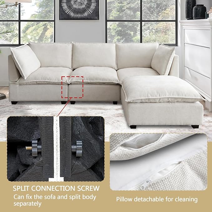 Oversized Modern Sectional Sofa Extra-Deep L-Shape Linen Fabric Cloud Couch Sectional with 5 Pillows Convertible Ottoman Freely Combinable Sofa for Living Rooms Apartments Offices (Beige 4 Seat)