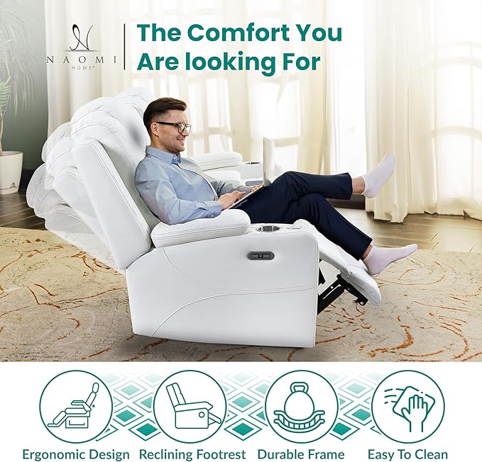 Naomi Home Chicago Deluxe Theater Style Motion Loveseat with LED Lights White/Air Leather