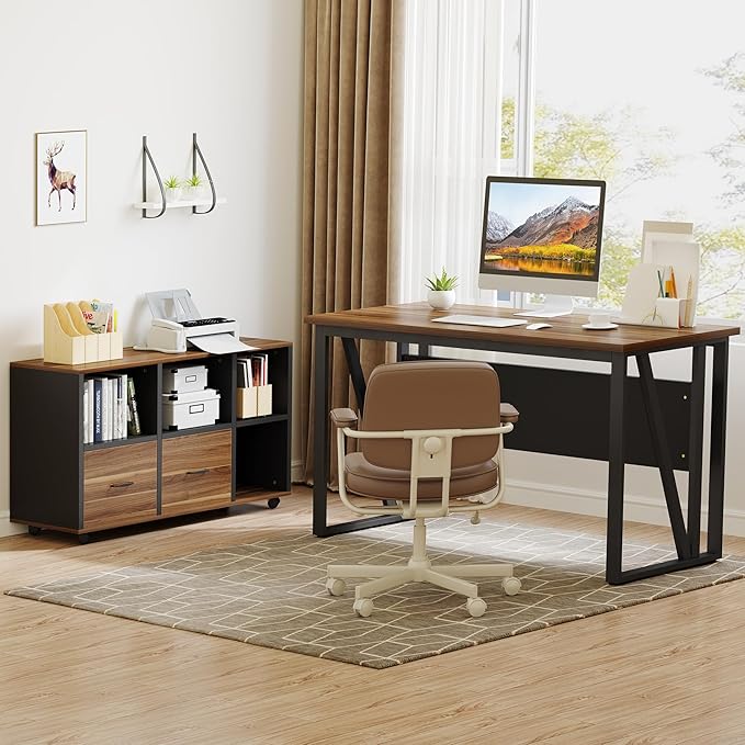 LITTLE TREE 55-Inch L-Shaped Computer Desk Large Corner Desk with Drawers Modern Office Workstation Study Desk Corner Computer Desk for Home Office Bedroom Brown