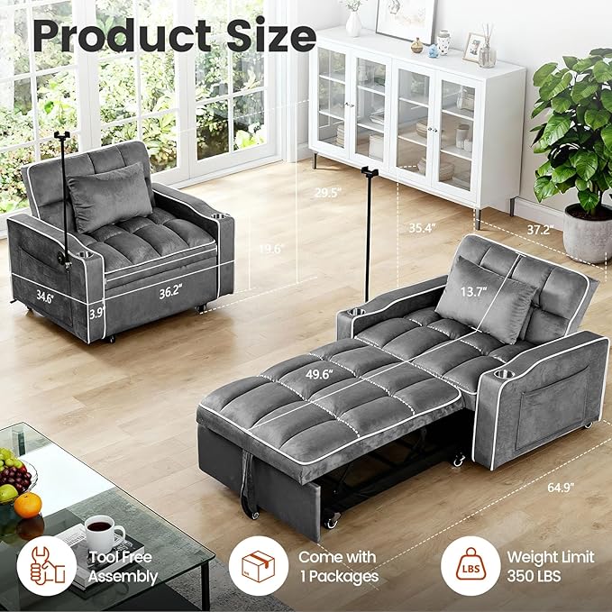 Convertible Sleeper Chair Pull Out Chair Sleeper with Bracket and Cup Holder Chairs Bed Sleepers for Adults 3 in 1 Sofa Bed Chairs for Small Spaces Living Room Gray