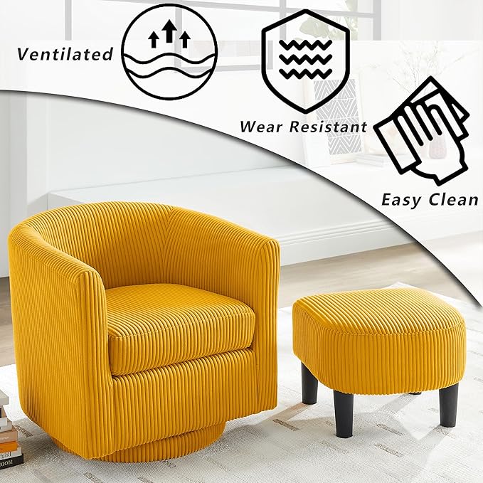 Corduroy Swivel Accent Chair with Ottoman Round Barrel Chair with Armrest Comfy Reading Chair for Living Room Bedroom Office (Yellow)