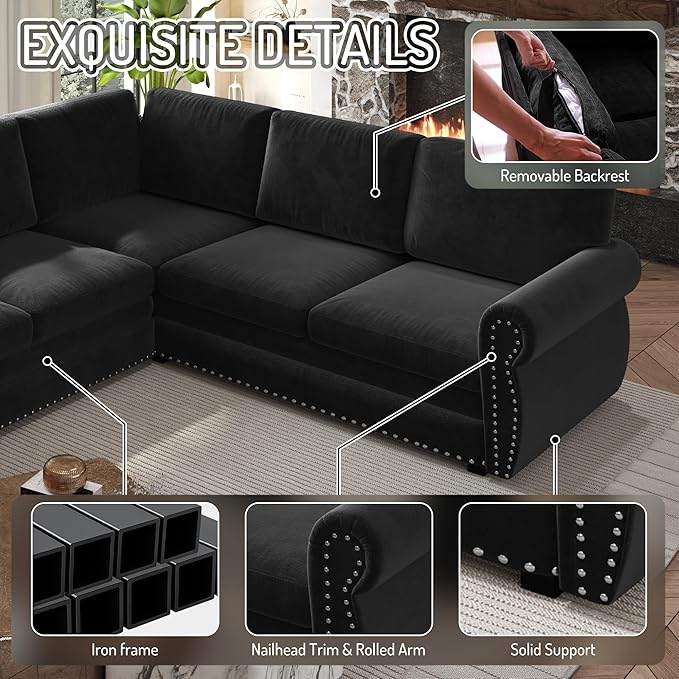 118 Sleeper Sofa Bed Sectional Couches for Living Room/Apartment Chenille L Shaped Couch with Pull Out Couch Bed Convertible Sectional Sofa with Rolled Arm &amp Nailhead Trim Black
