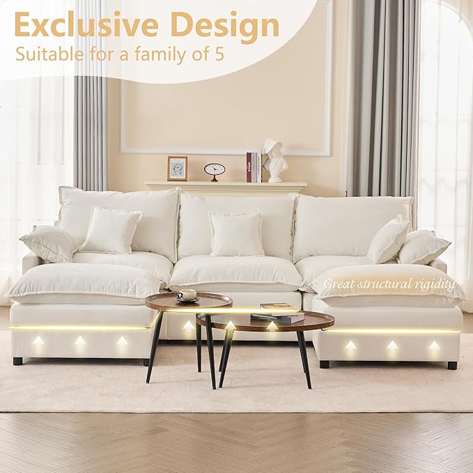 108 U Shaped Couch Modular Sectional Sofa 3-Seater Comfy Cloud Couch Set of Modular Pieces with Movable Ottoman Deep Seat Couches for Living Room Chenille Ivory