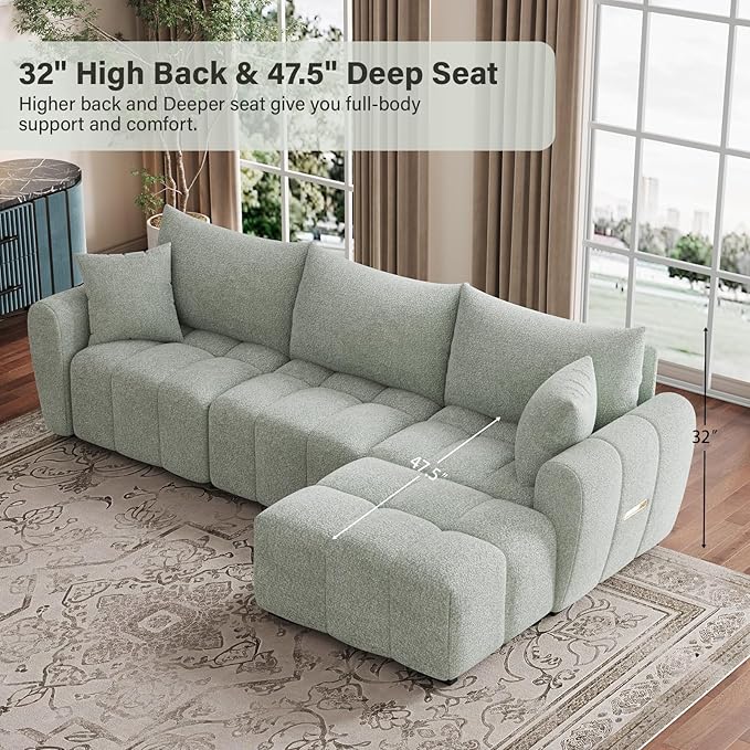 110 L Shaped Modern Boucle Sofa Modular Sectional Cloud Couch with Ottoman Tufted 4-Seat Deep Seat Sofa with Pillows for Living Room Bedroom and Apartment Light Green