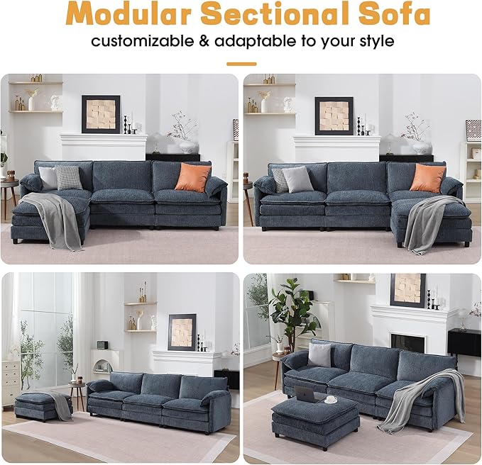 108 Cloud Sectional Couches for Living Room Convertible L Shaped Modular Sectional Sofa with Movable Ottoman 3-Seat Chenille Cloud Couch with Deep Seat for Bedroom Office Apartment Blue
