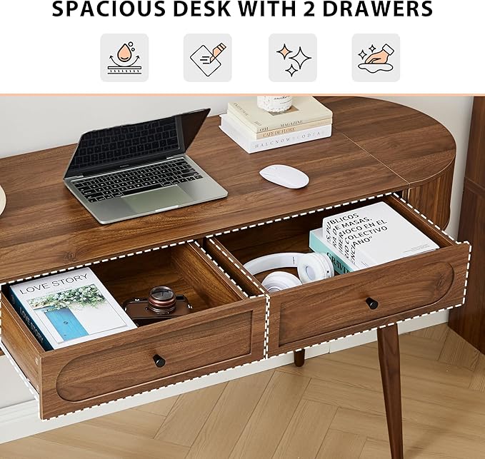 Mid-Century 59 Wood Writing Desk Home Office Computer Laptop Desk with 2 Flip Storage Space + 2 Drawer 150 CM Elegant Fluted Vanity Table Multifunctional Study Desk for Office Bedroom (Wlanut)