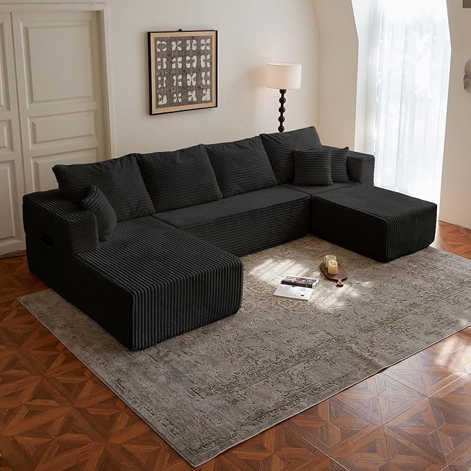 134 Black Boneless Couch with Ottoman  Sectional Couches for Living Room L Shaped Couch 4 Seat Sofa with Pearl PipingCompression Sofa for Bedroom Comfy  No Assembly Corduroy (134’‘ Black)