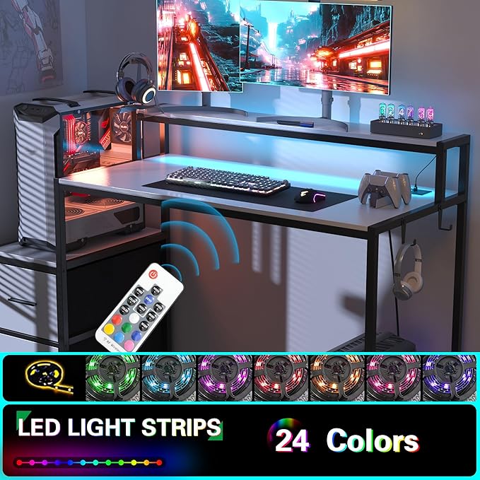 WOODTIME 50.4 W Home Office Computer Desk with LED Lights &amp Power Outlets Gaming PC Desk Study Writing Table with Monitor Stand &amp 2 Fabric Drawers White &amp Black
