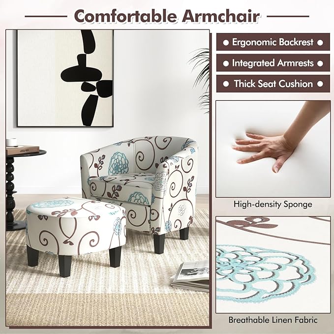 Giantex Small Accent Chair with Ottoman Set Upholstered Barrel Chair with Footrest Modern Accent Armchair with Ottoman Round Club Chair for Living Room Small Space Bedroom (Blue Flower)