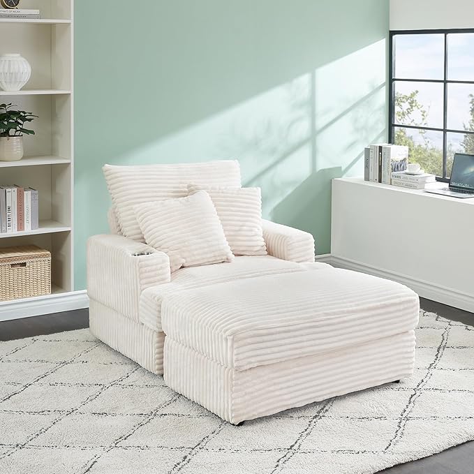 Chaise Lounge Chair Indoor 39 W Plush Corduroy Oversized Chair with Ottoman Upholstered Cozy Chaise with Cup Holder Modern Deep Seat Comfy Sofa Armchair for Living Room Bedroom(White)