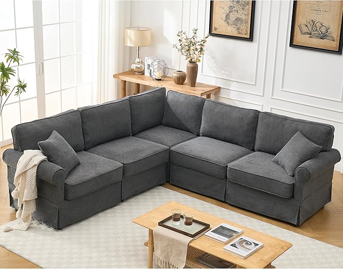 KEIKI 94 L-Shaped Oversized Modular Linen Sectional Sofa with Rolled Arms Cushion Back Modern Style Convertible 5-Seater Corner Couch Easy Assembly for Apartment Living Room Bedroom Dark Gray