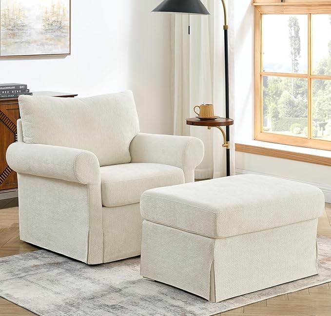 35.82 Accent Chair with Ottoman SetUpholstered Living Room Chairs for Reading Chair with Chaise Lounge Chairs Indoor Comfortable Armchair for Bedroom (Beige 35.82)