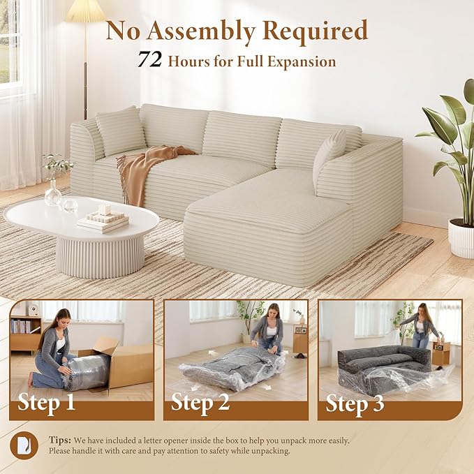 Vesgantti 106 Modular Sectional Sofa with Chaise Deep Seat Comfy Cloud Couch Corduroy L Shaped Sofa Sectional Couches for Living Room Bedroom No Assembly Required (Camel Right-Facing Chaise)