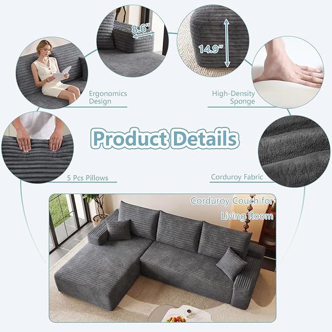 95 Cloud Sectional Couch with L-Shape Chaise Modern Corduroy Boneless Couch for Living RoomMemory Foam Sofa with Deep SeatNo Assembly Required (Dark GrayLeft-Facing Chaise)