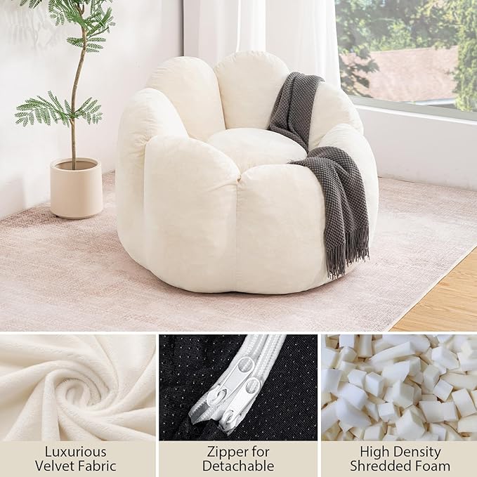 HOMMPA Bean Bag Chair for Adults Comfy Velvet Bean Bag Couch with Back Support Flower Shaped Oversized Sofa for Living RoomBedroomDormBeige