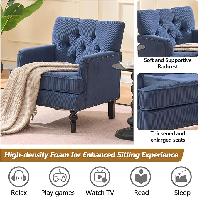 Mid Century Modern Accent Chair Corduroy Upholstered Armchair Tufted Club Chair with Solid Wood Legs Comfy Single Sofa Reading Chair for Living Room Bedroom Office (Blue)